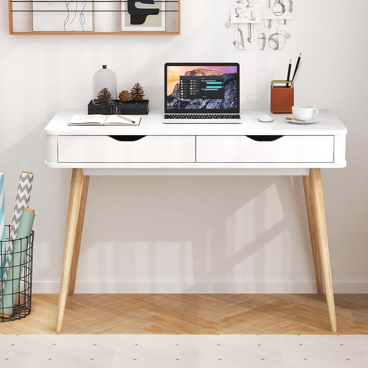 Mid-Century Modern Desk with 2 Storage Drawers – Sleek Writing & Study Desk with Rubber Wood Legs