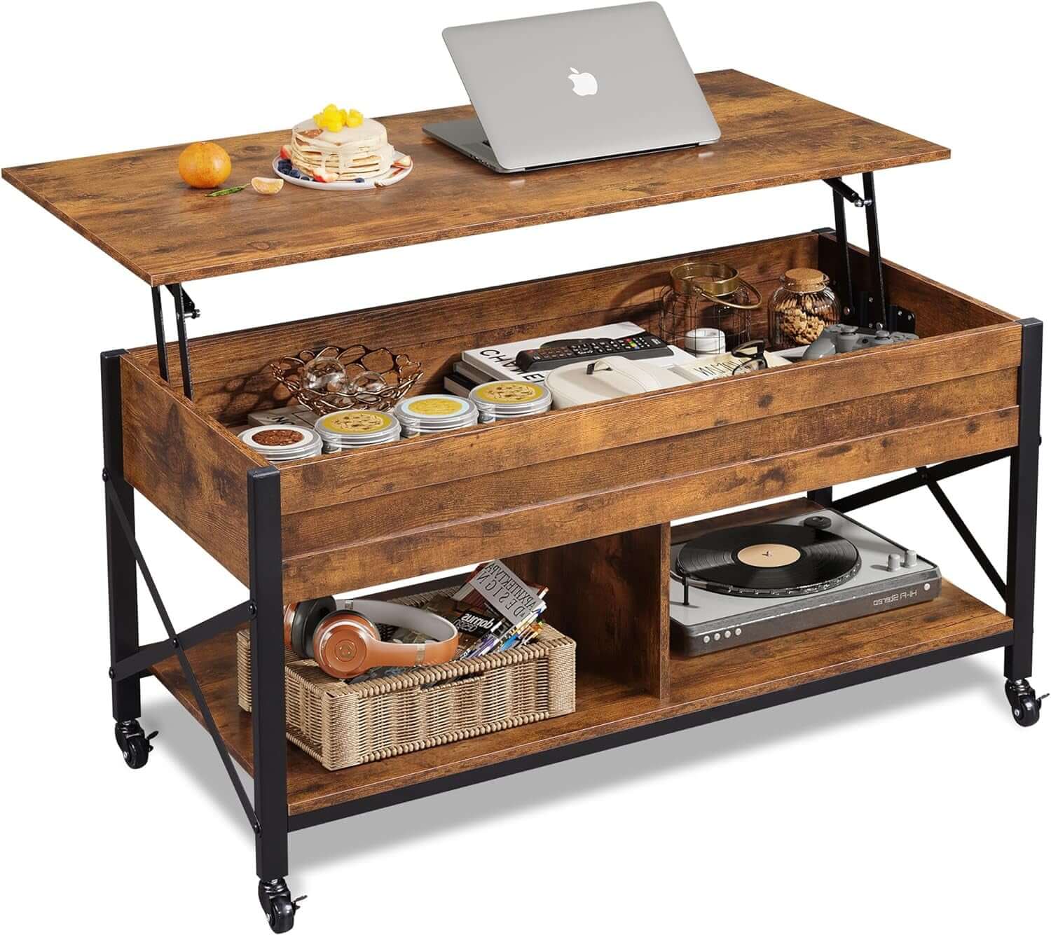 Mid-Century Lift-Top Coffee Table with Hidden Compartment and Wheels