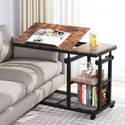 Versatile Adjustable C-Table with Wheels: Mobile Couch Side Table with Tiltable Drawing Board, Sofa Bedside Laptop Stand, TV Tray with Storage Shelves