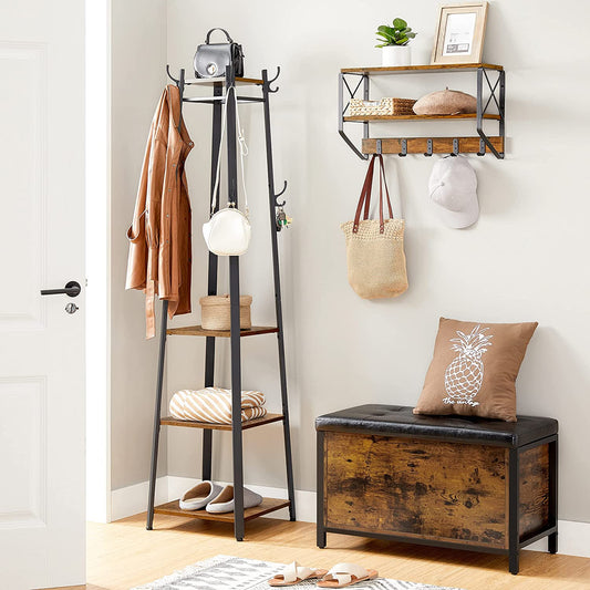 Industrial Coat Rack with 3 Shelves & Hooks