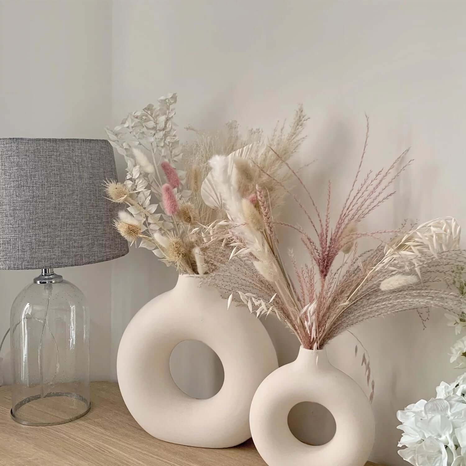 White Ceramic Donut Vases – Modern Farmhouse & Boho Décor for Bookshelves, Mantels, Tables & Fireplaces