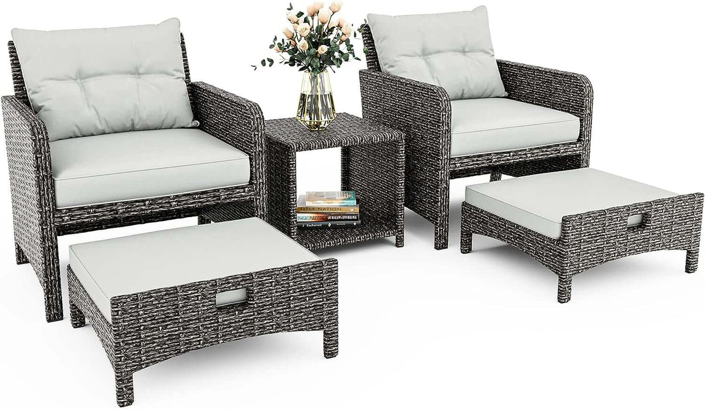 5-Piece Wicker Patio Furniture Set with Ottomans and Coffee Table