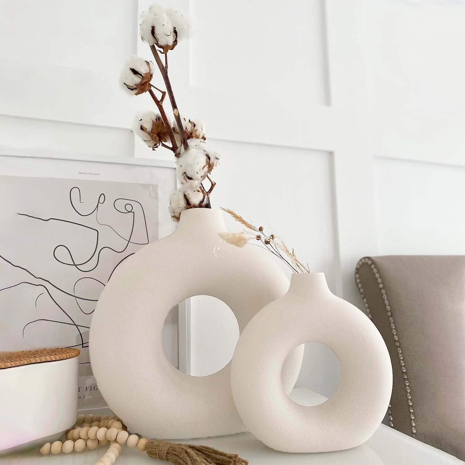 White Ceramic Donut Vases – Modern Farmhouse & Boho Décor for Bookshelves, Mantels, Tables & Fireplaces