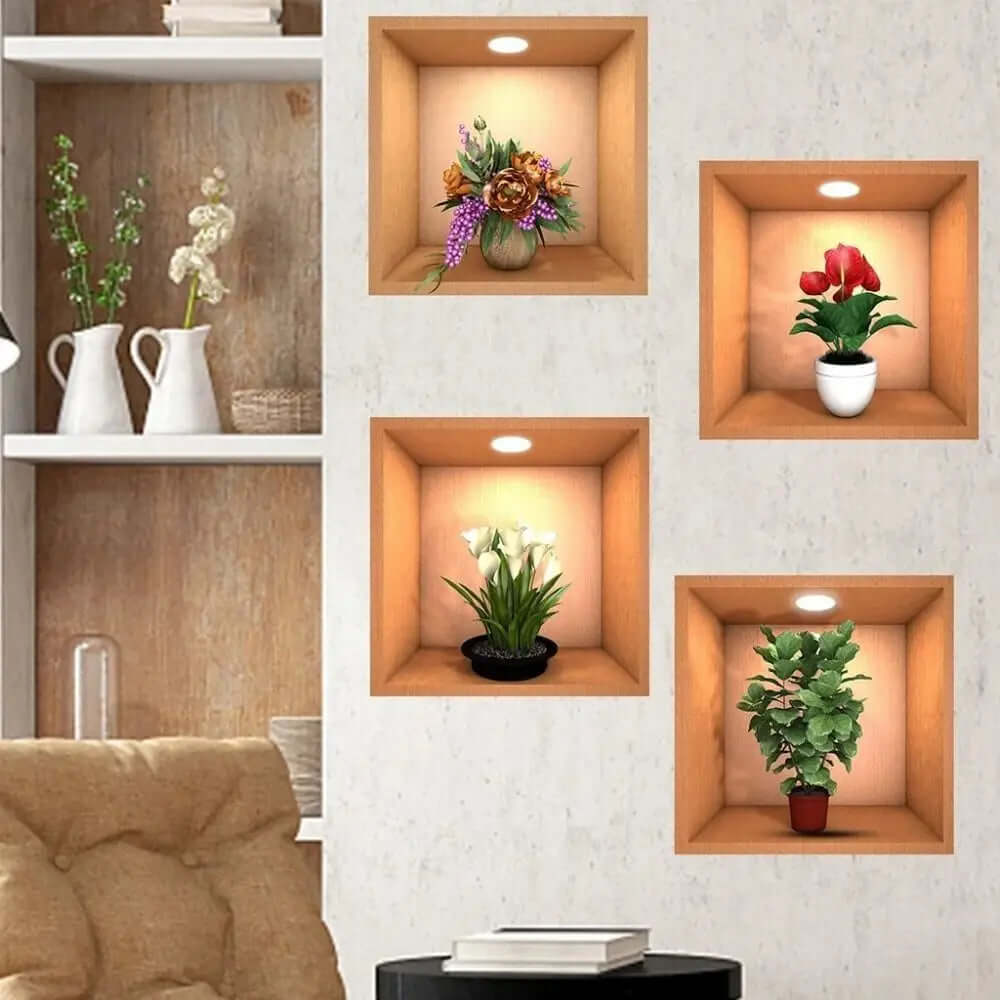 Self-Adhesive 3D Green Plant Wall Stickers - PVC Potted Plant Wallpaper for Living Room Decor