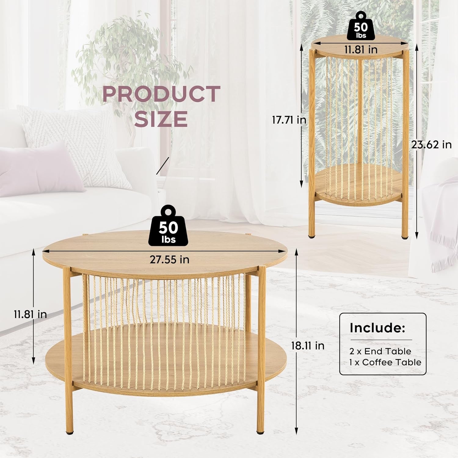 Natural Fiber Rope Coffee Table Set of 3 - Round Wooden Rattan Coffee Table and Two End Tables with Metal Frame, Boho 2-Tier Modern Design for Living Room, Apartment, Office (Natural)