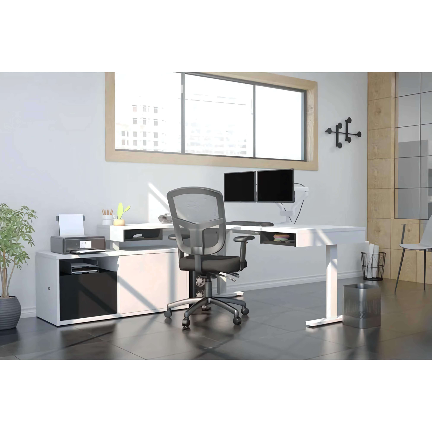 L-Shaped Adjustable Standing Desk with Credenza & Dual Monitor Arms